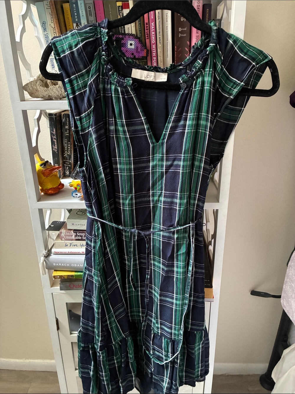 LOFT Navy and Green Plaid Sleeveless V-Neck Dress